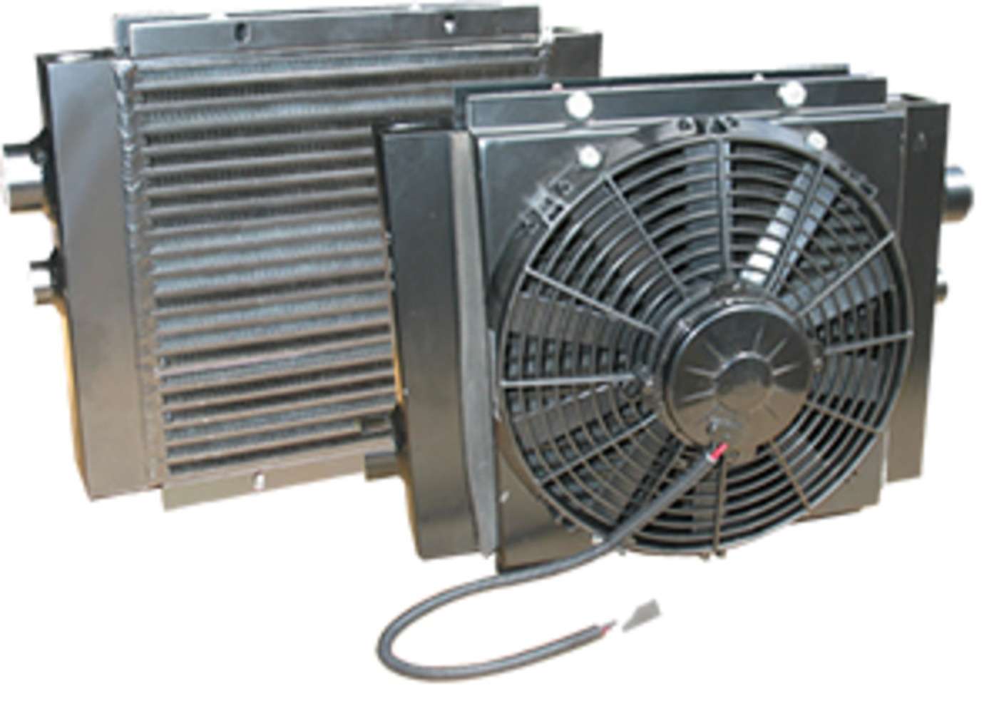 MAXIM Truck and Trailer Mounted Mobile Oil Cooler w Fan & Shroud 12 VDC, 52 GPM, 1" NPT  maxim mobile hydraulic oil Cooler fan shroud walking trailer muncie, ledwell hydraulic cooler heavy duty, ledwell feed transport hydraulic cooler wet kit