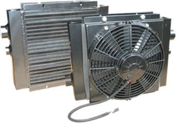 MAXIM Truck and Trailer Mounted Mobile Oil Cooler w Fan & Shroud 12 VDC, 52 GPM, 1" NPT  maxim mobile hydraulic oil Cooler fan shroud walking trailer muncie, ledwell hydraulic cooler heavy duty, ledwell feed transport hydraulic cooler wet kit