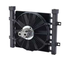 Thermal Transfer DF-11 Mobile Oil Cooler w Fan & Shroud 12 VDC, 27 max GPM, 1" NPT thermal transfer df11 mobile hydraulic oil cooler bailey hydraulics fan shroud walking trailer muncie